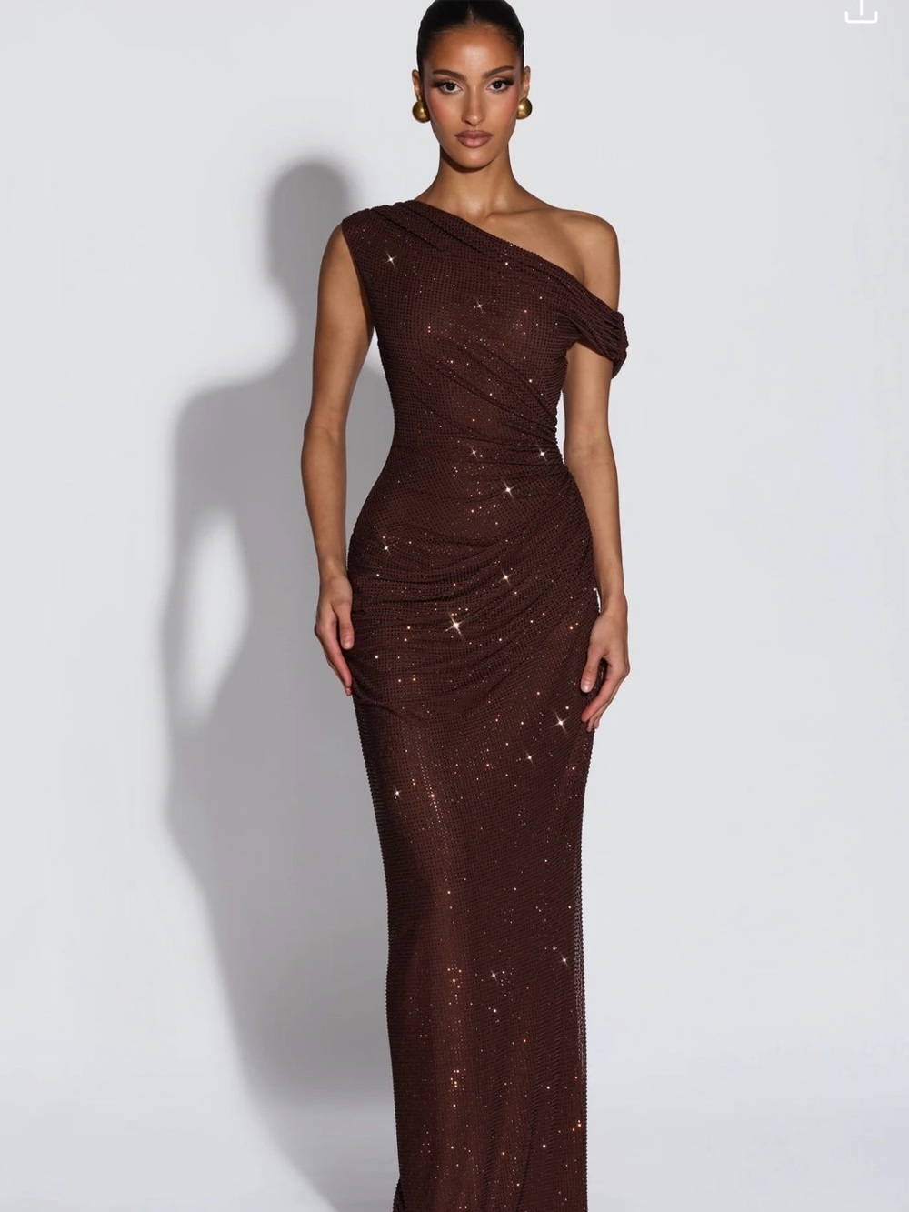 One-Shoulder Brown Sequin Evening Gown